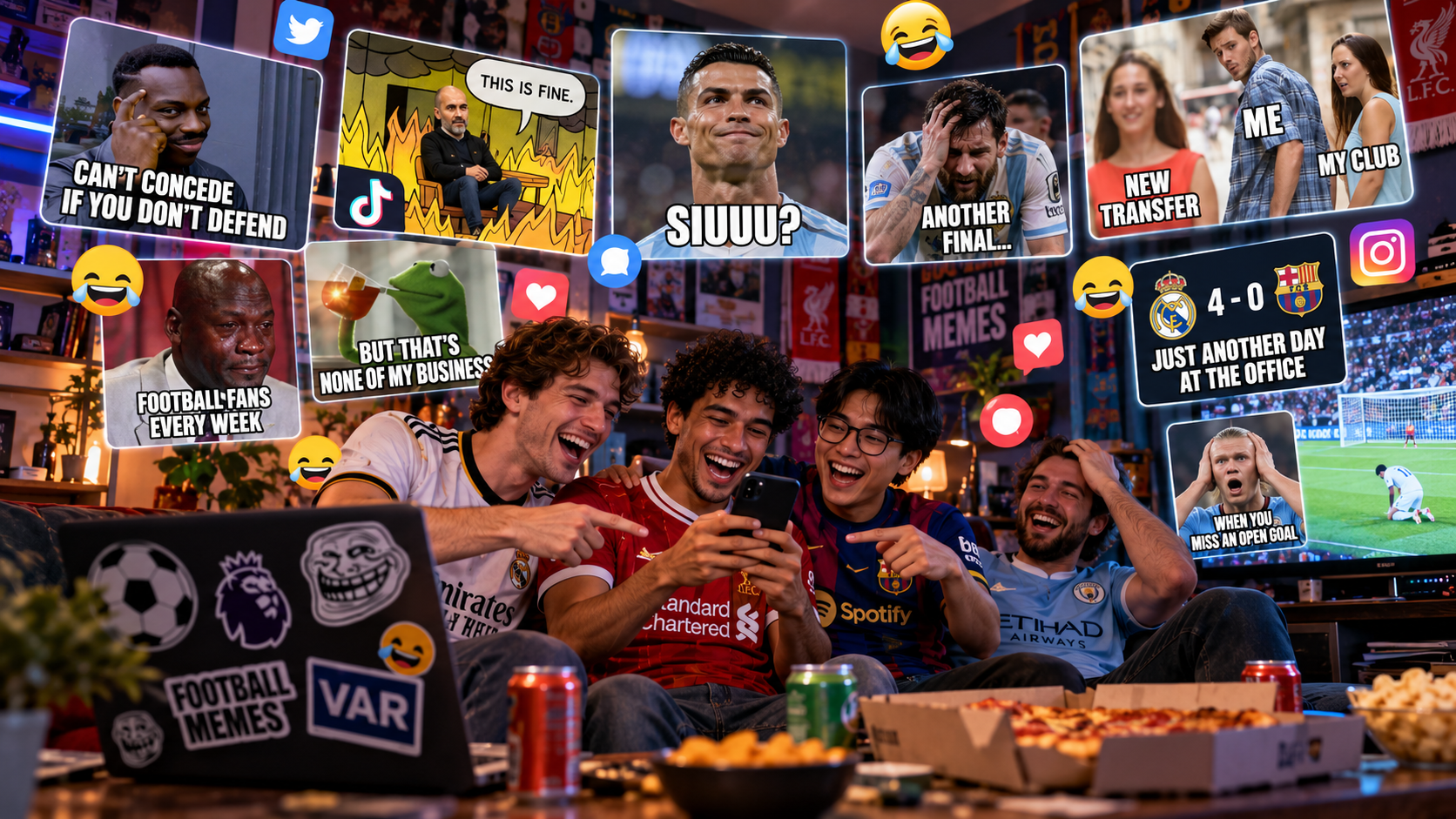 Football fans laughing at viral football memes on a smartphone, surrounded by humorous player reactions, social media posts, and iconic moments from football culture.