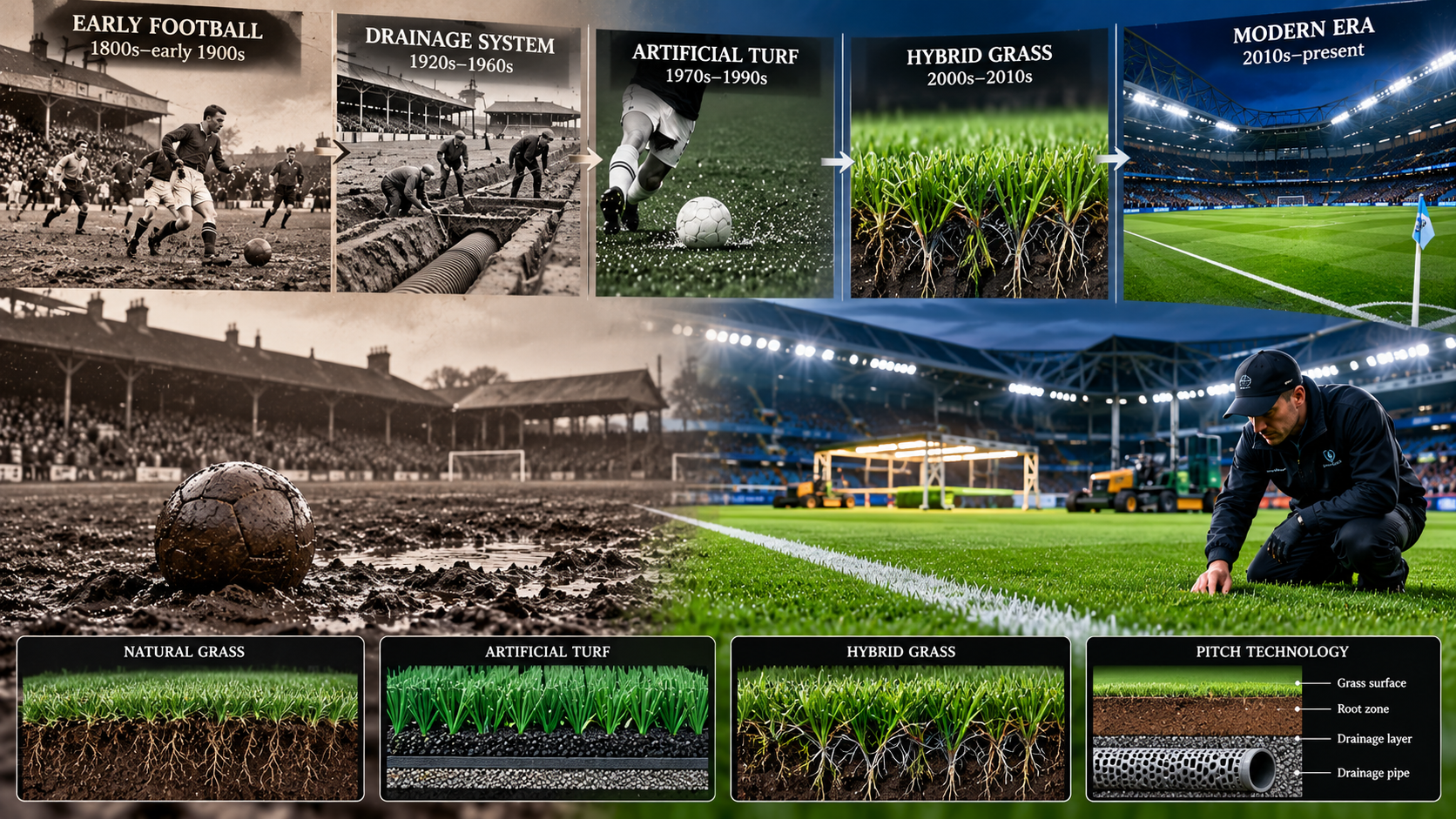 Evolution of football pitches from historic muddy fields to modern stadium surfaces, featuring drainage systems, artificial turf, hybrid grass, and advanced pitch maintenance technology.