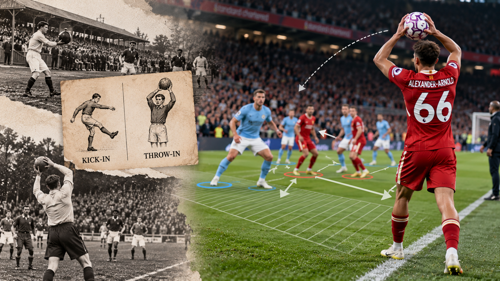 The evolution of football's throw-in rule, from historic kick-ins and early two-handed throws to modern tactical throw-ins during professional football matches.