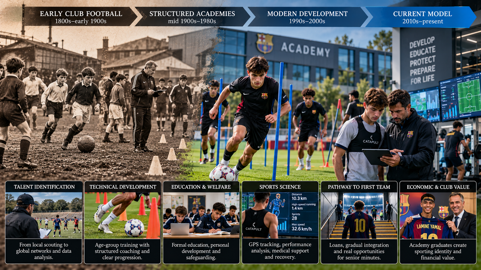 Evolution of football youth academies from traditional local talent scouting to modern player development, featuring professional coaching, sports science, education, player welfare, and pathways to first-team football.