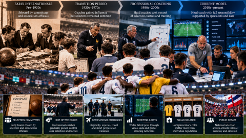 Evolution of national football team selection from traditional committees to modern head coaches, featuring tactical planning, scouting, data analysis, and squad management.
