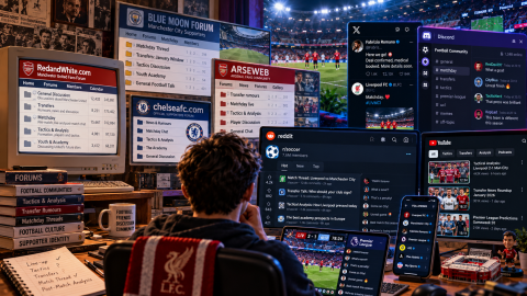 Evolution of online football communities from early internet forums and message boards to modern matchday threads, social media discussions, and global fan interactions.