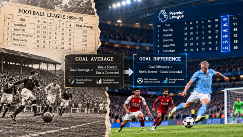 Evolution of football league rankings from the historic goal average system to modern goal difference, illustrating how goals scored and conceded determine league standings.