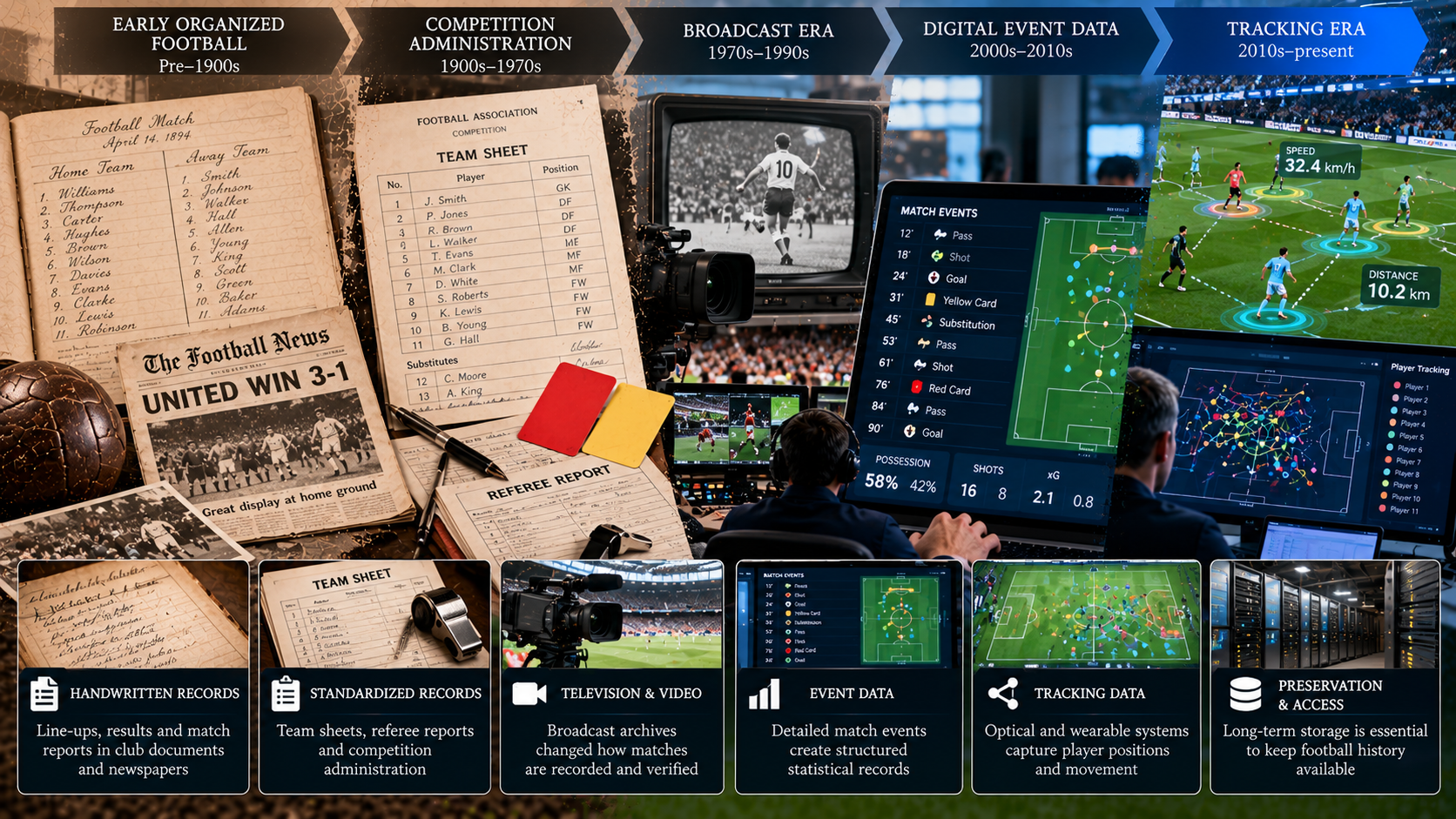 Evolution of football match records from handwritten team sheets and newspaper reports to modern digital match statistics, video analysis, event data, and player tracking technology.
