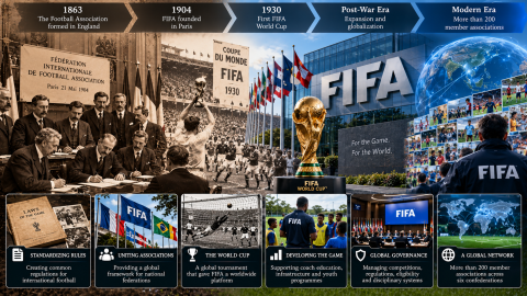 History of FIFA's founding in Paris in 1904 and its evolution into a global football governing body, featuring international associations, the World Cup, and worldwide football development.