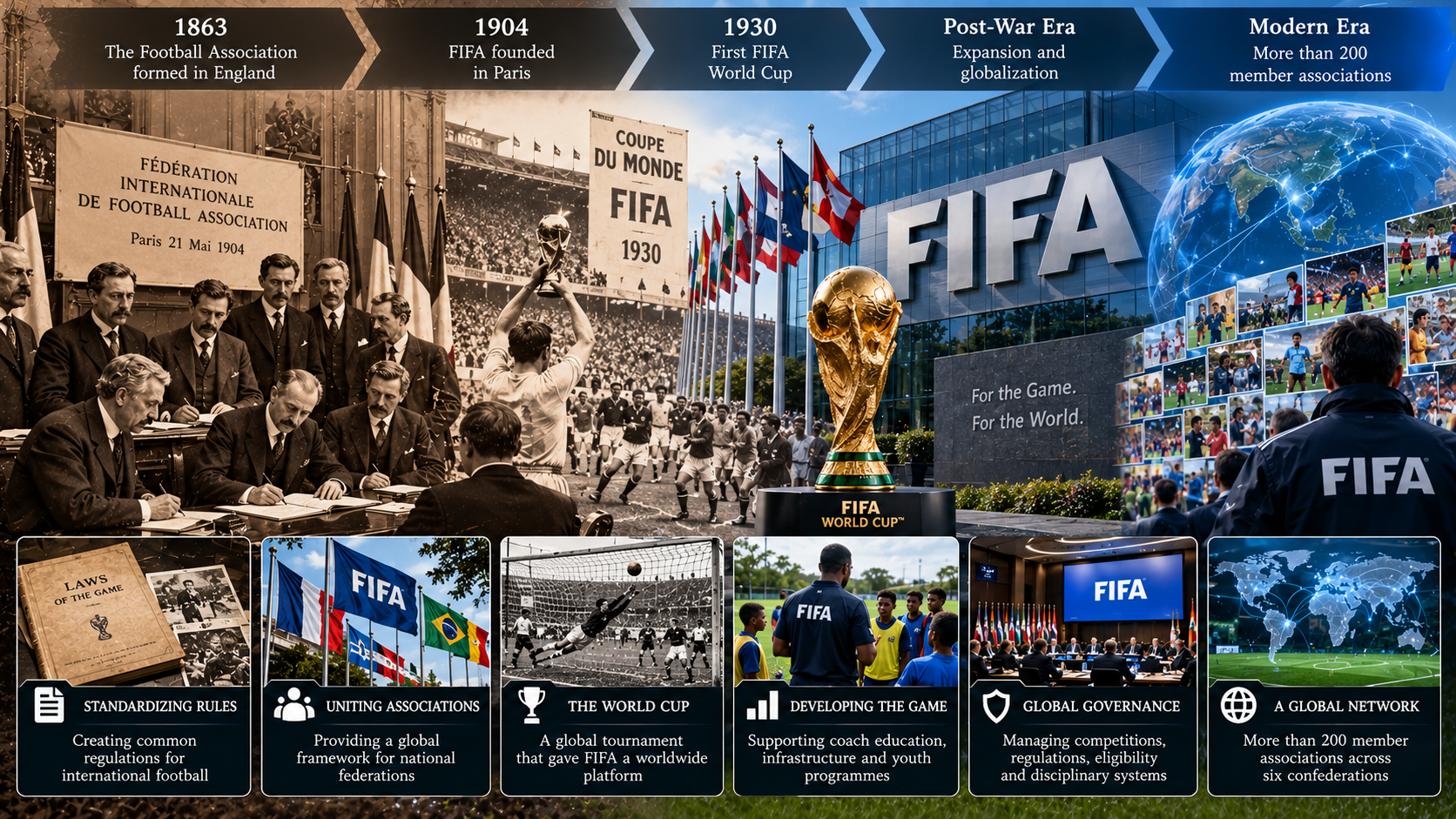 History of FIFA's founding in Paris in 1904 and its evolution into a global football governing body, featuring international associations, the World Cup, and worldwide football development.