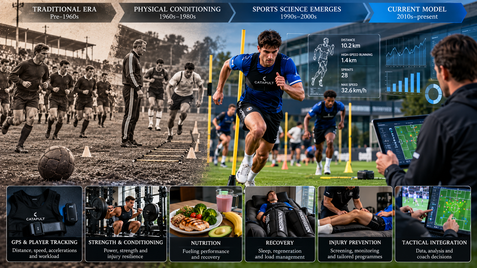 Evolution of football training from traditional running drills to modern sports science, featuring GPS tracking, performance analysis, strength training, nutrition, and player recovery.