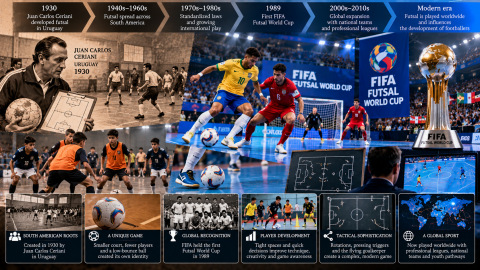 History and evolution of futsal from its origins in Uruguay in 1930 to a global sport, featuring indoor football, FIFA Futsal World Cup, technical skills, and modern futsal tactics.