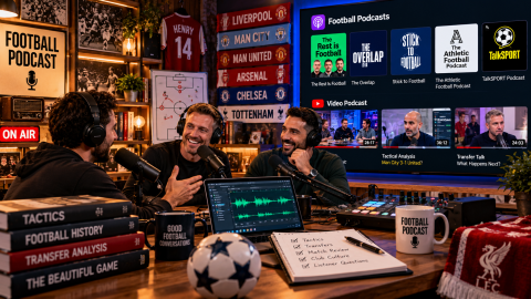 Three football podcast hosts discussing tactics, transfers, and club history in a modern recording studio with microphones, audio equipment, and video podcast displays.