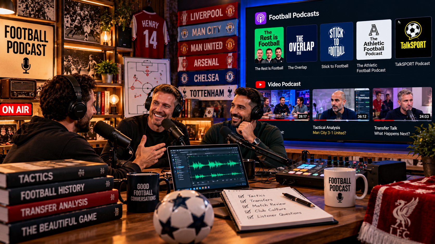 Three football podcast hosts discussing tactics, transfers, and club history in a modern recording studio with microphones, audio equipment, and video podcast displays.