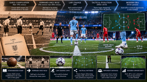 Evolution of football kick-off rules from traditional forward-only restarts to the 2016 law change, featuring modern centre-circle tactics and planned passing patterns.