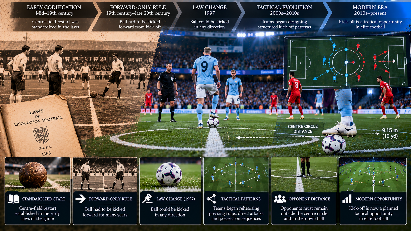 Evolution of football kick-off rules from traditional forward-only restarts to the 2016 law change, featuring modern centre-circle tactics and planned passing patterns.