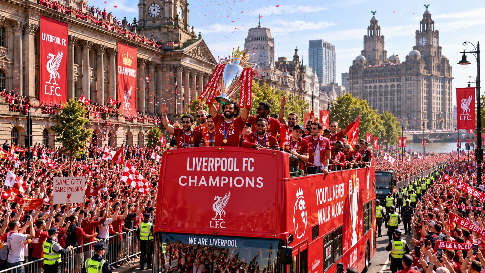 Liverpool FC players celebrating a championship victory on an open-top bus parade, lifting the Premier League trophy as thousands of supporters cheer through the city streets.