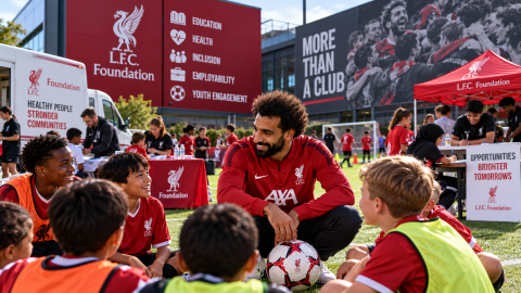 Football club community foundations supporting children through youth football training, education, health initiatives, and social inclusion programs, illustrated by a Liverpool FC Foundation community event.