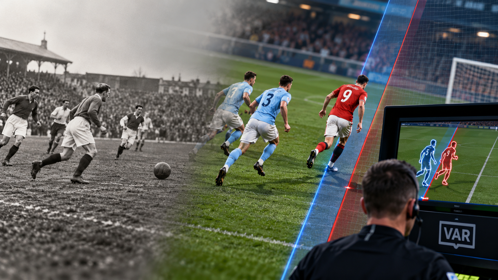 Evolution of football's offside rule from historic matches to modern football, featuring VAR technology, digital offside lines, and video-assisted refereeing.