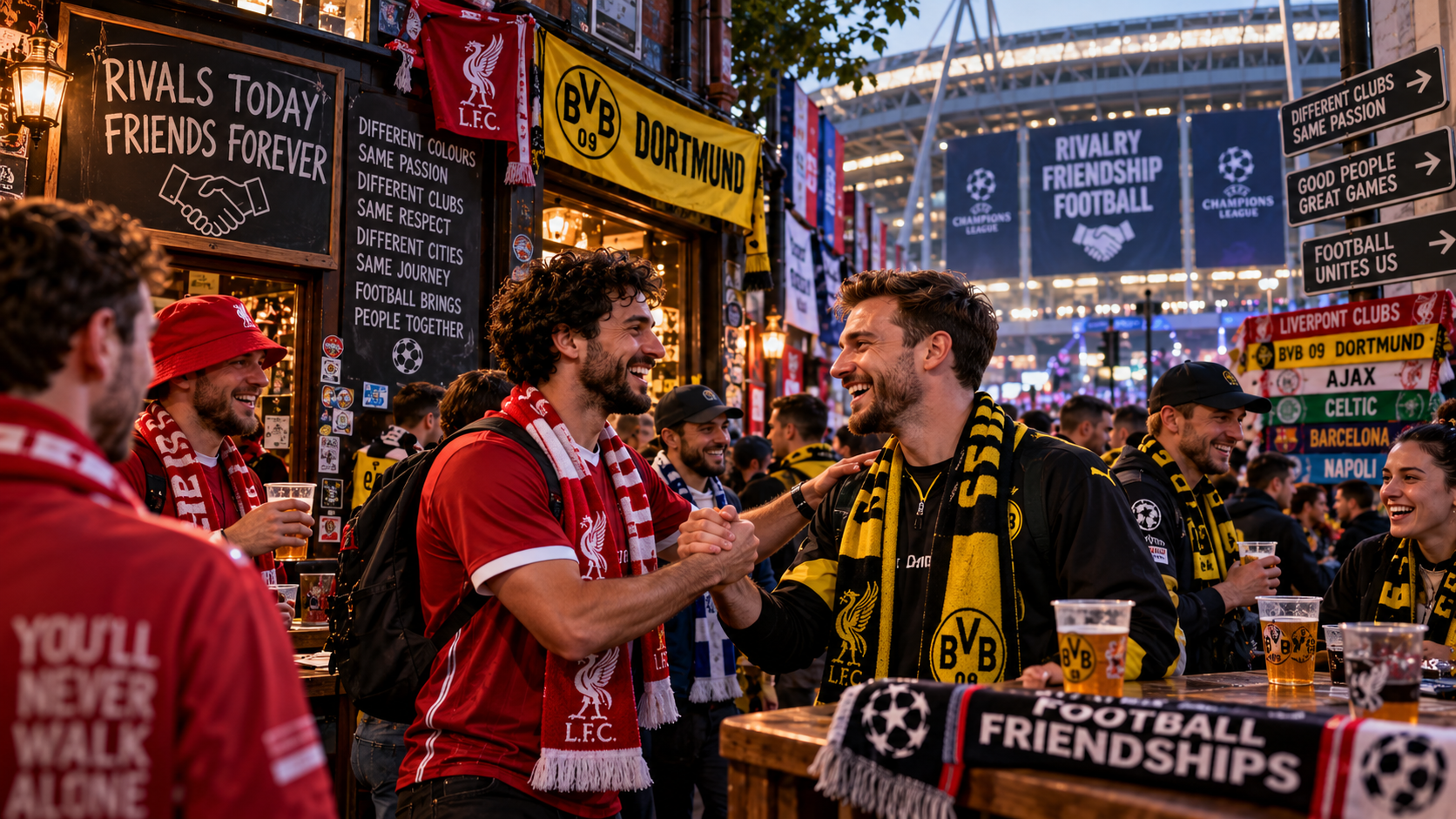 Liverpool and Borussia Dortmund supporters shaking hands and celebrating friendship outside a football stadium, highlighting mutual respect, unity, and friendships between rival football fans.